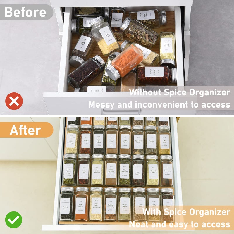 KitHero Spice Drawer Organizer with 24 Spice Jars and 216 Labels Non-slip Rubber  Bamboo 4 Tier Spice Racks Tray Seasoning Containers for Kitchen Drawers Cabinets Countertops 13"" Wide * 15.8"" Deep - Image 2